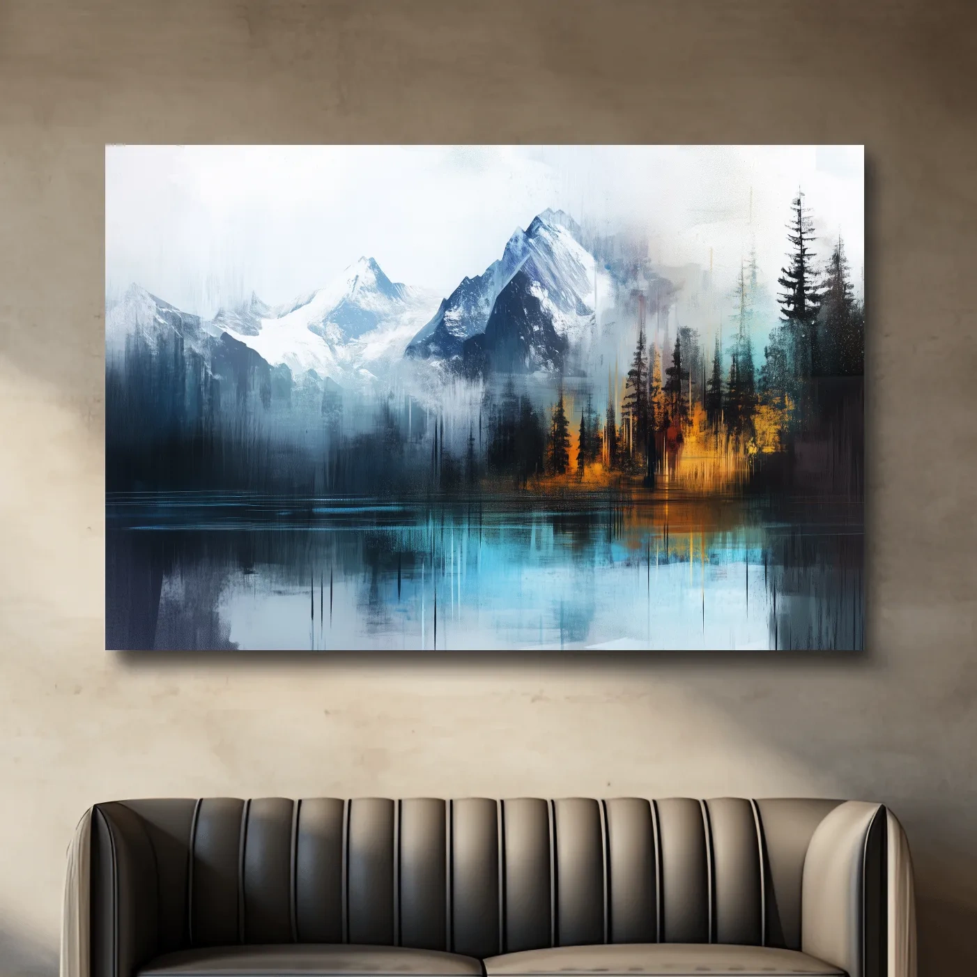 Misty Mountain & Lake Reflection - Abstract Painting Pine Forest Wall Art