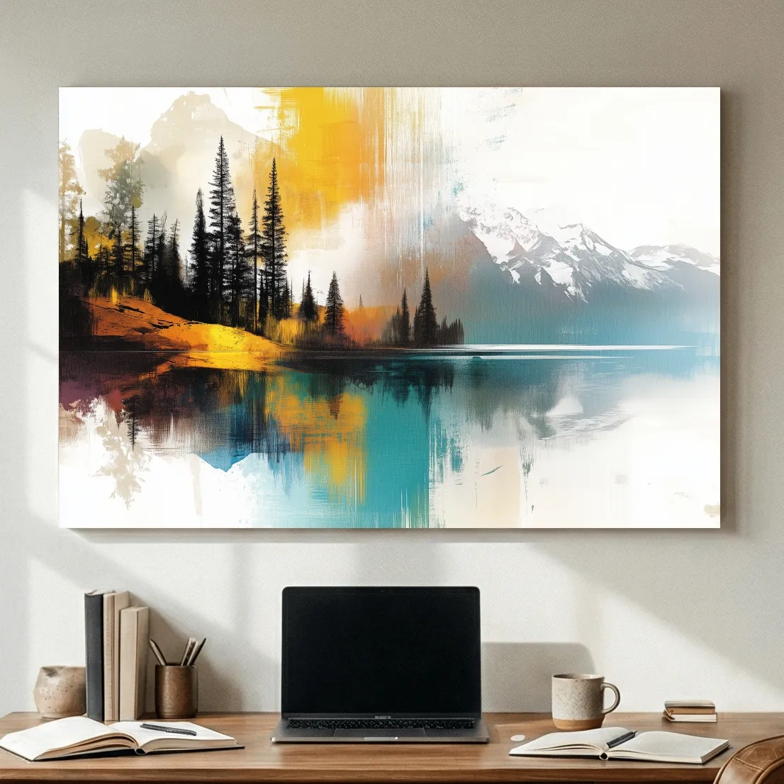 Colorful Abstract Mountain Lake Reflection Painting - Forest Landscape Wall Art