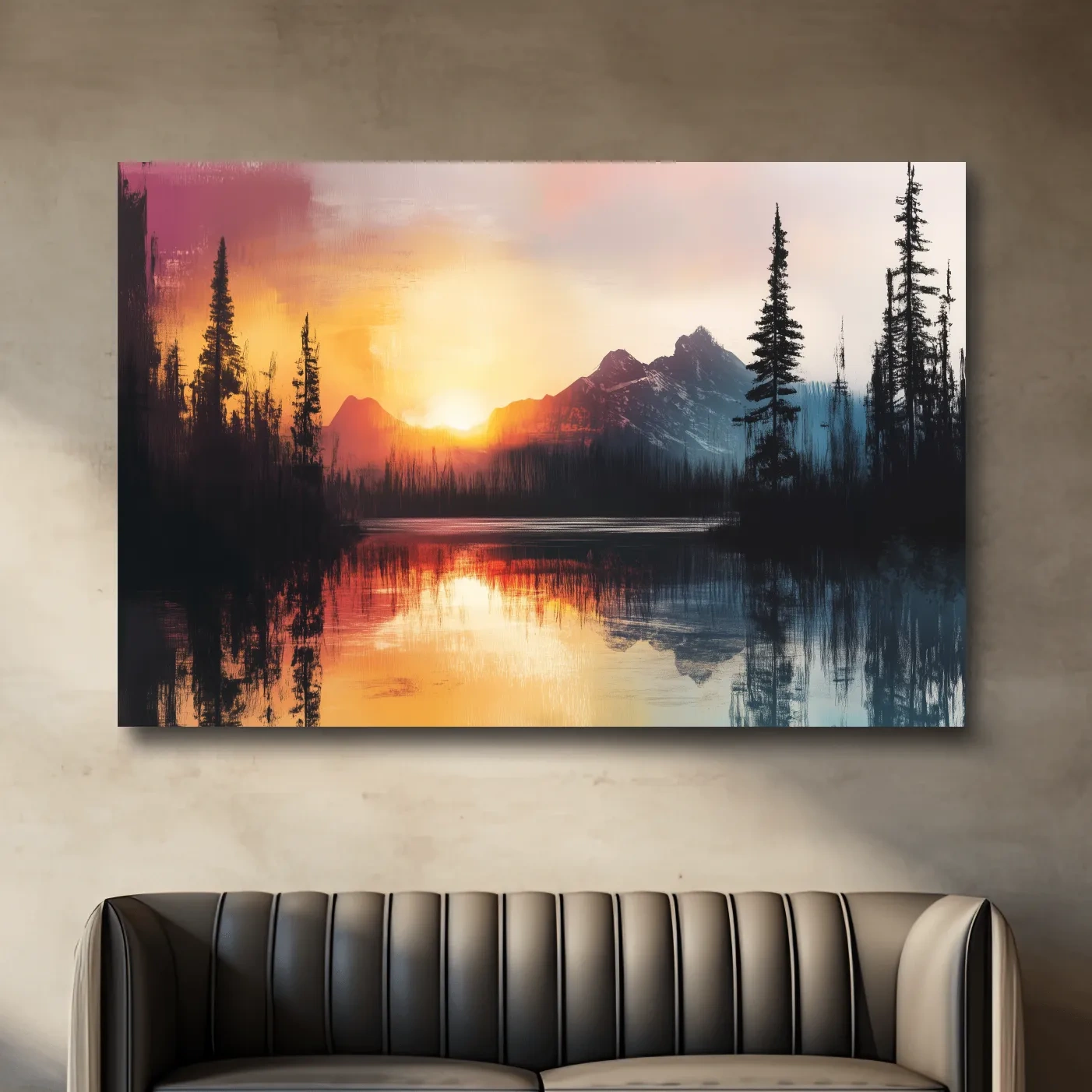Abstract mountain art painting, sunset over a lake and forest
