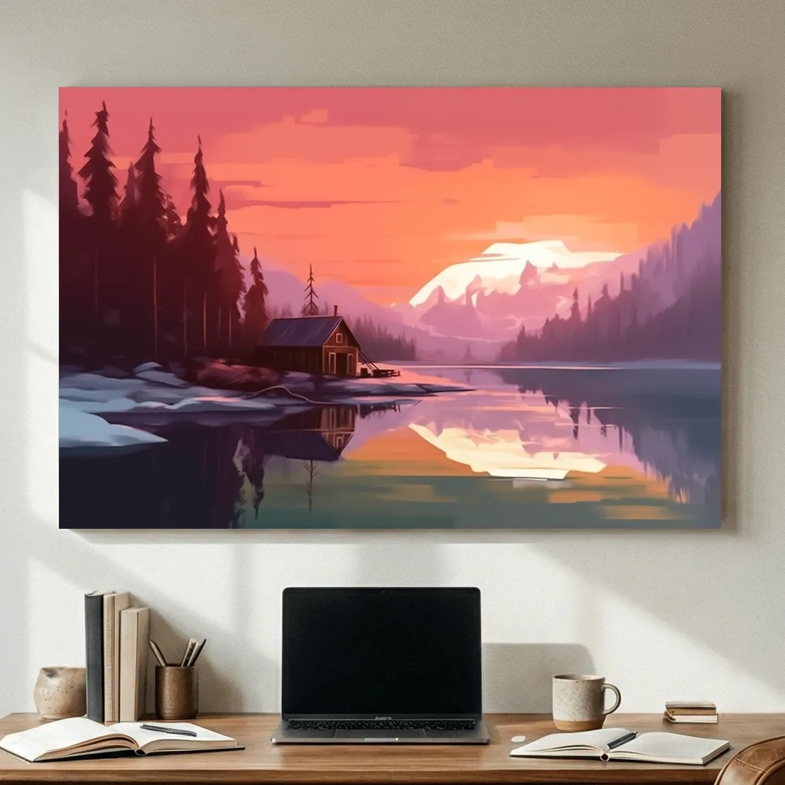 Mountain art painting, cabin by a lake at sunset
