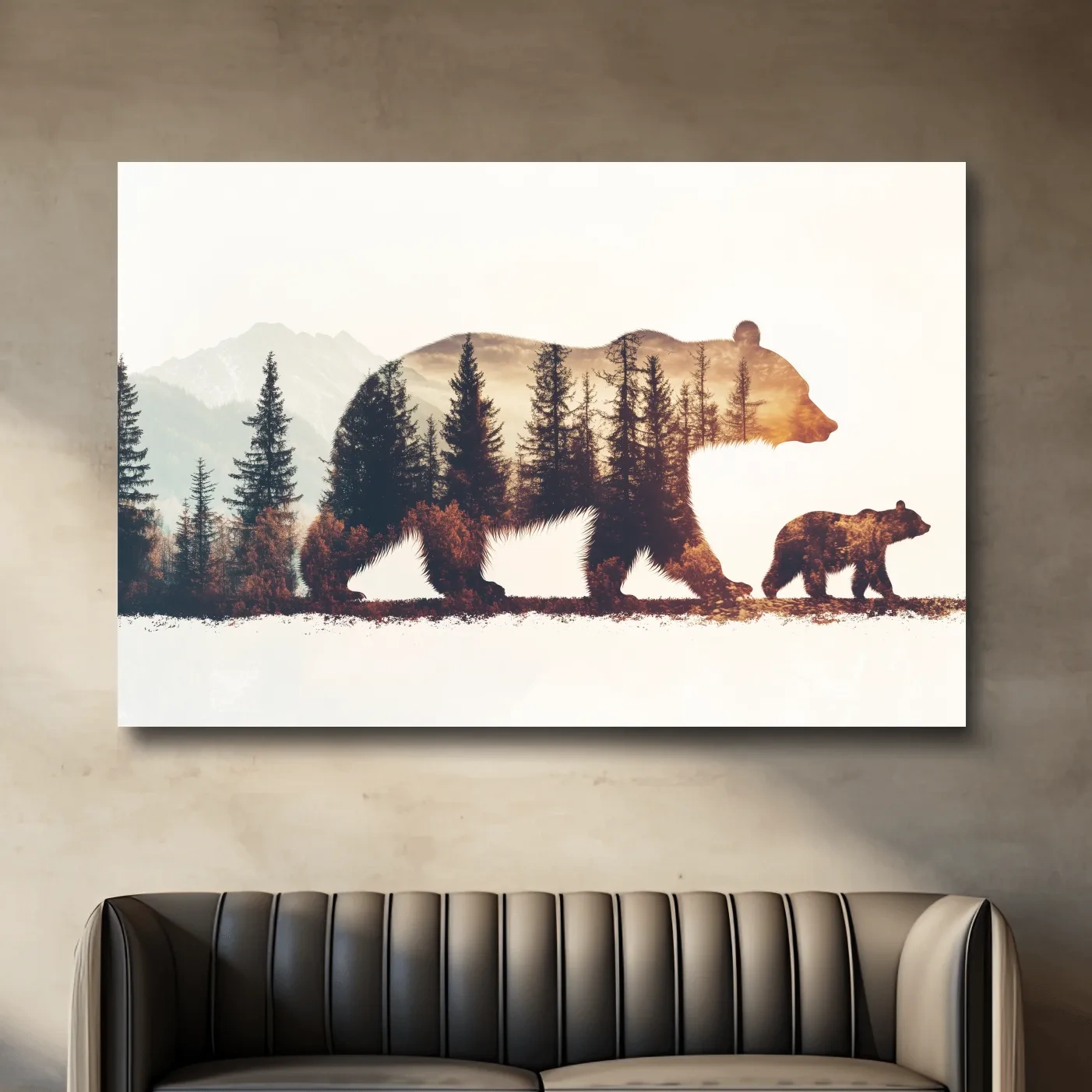 Double exposure forest wall art, momma bear and her cub