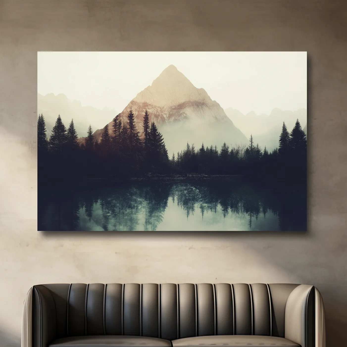Mountain wall art, silhouetted forest on the lake