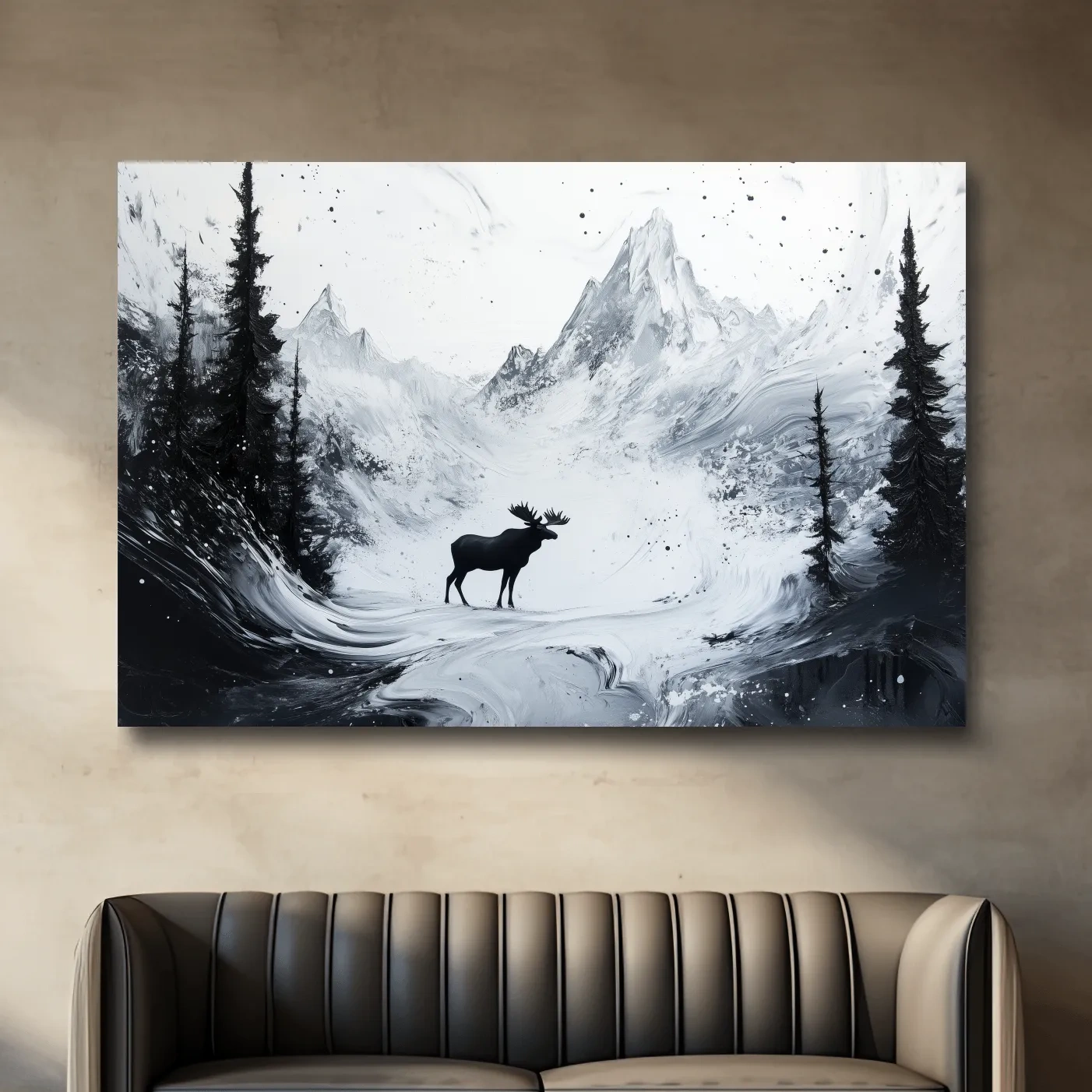 Moody Monochrome Moose Alpine Meadows - Abstract Ink Wash Wildlife Wall Art