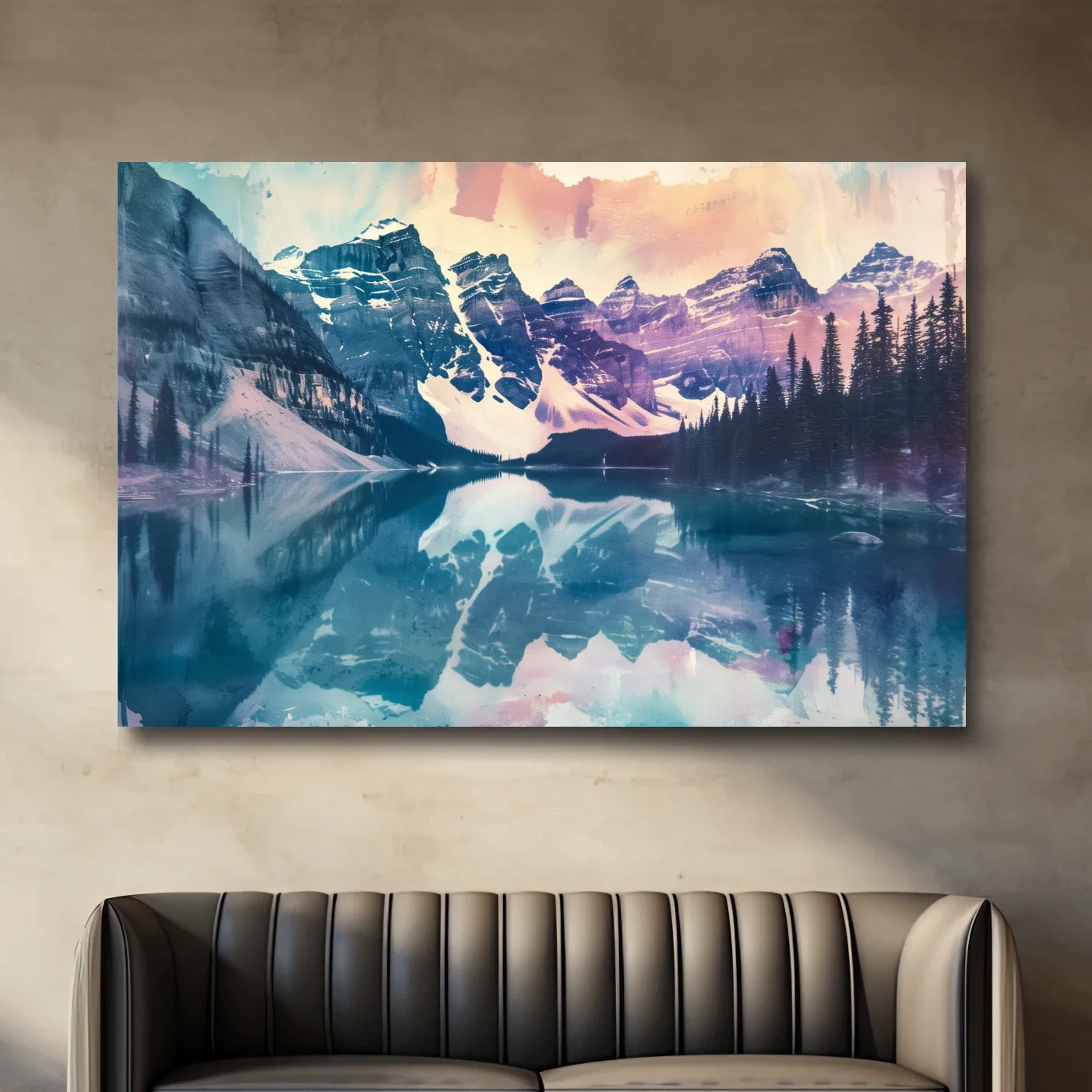 Valley of the Ten Peaks, Moraine Lake Banff. Watercolour painting postcard style mountain artwork