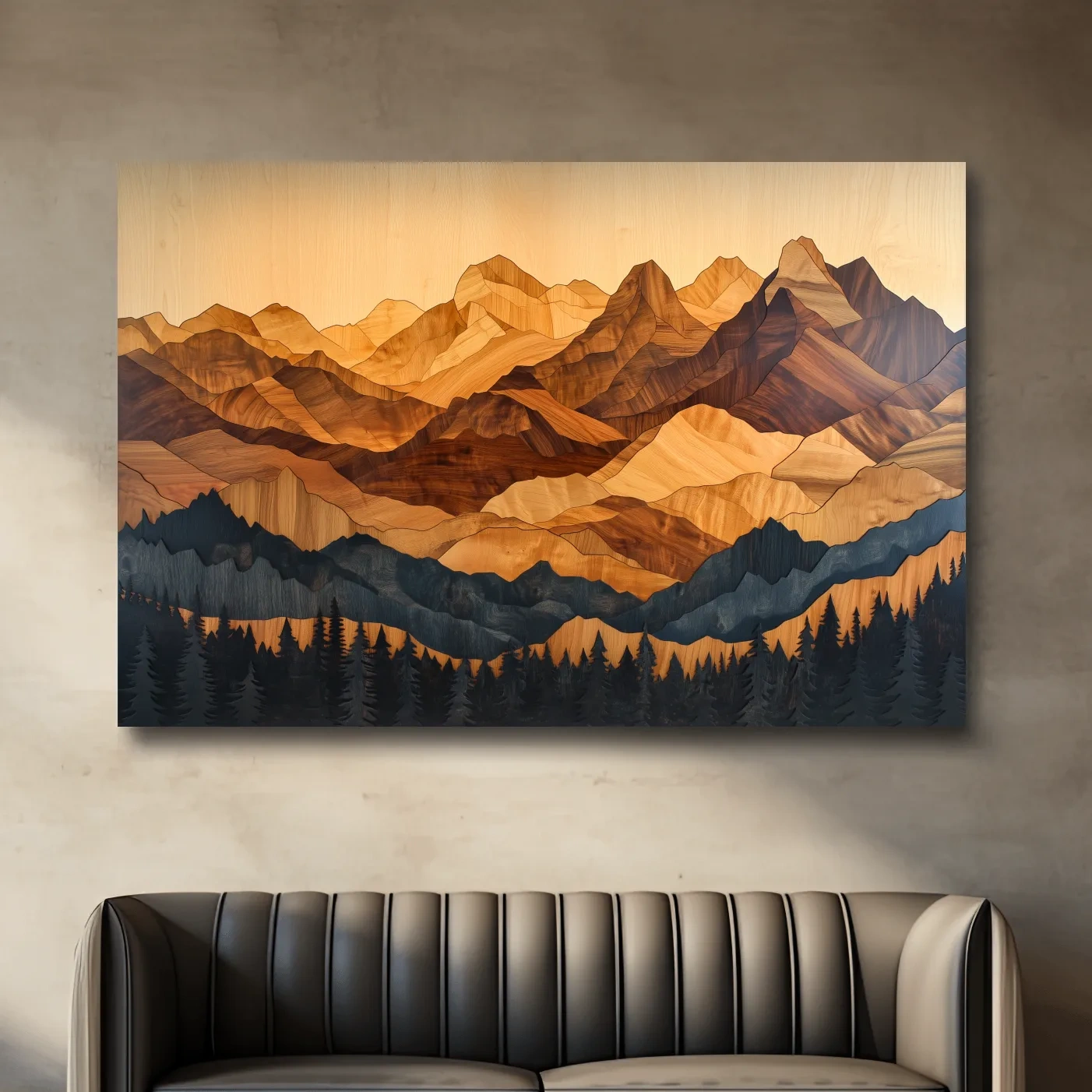 Mountain and forest wall art, 3d wood intarsia style layered wood effect