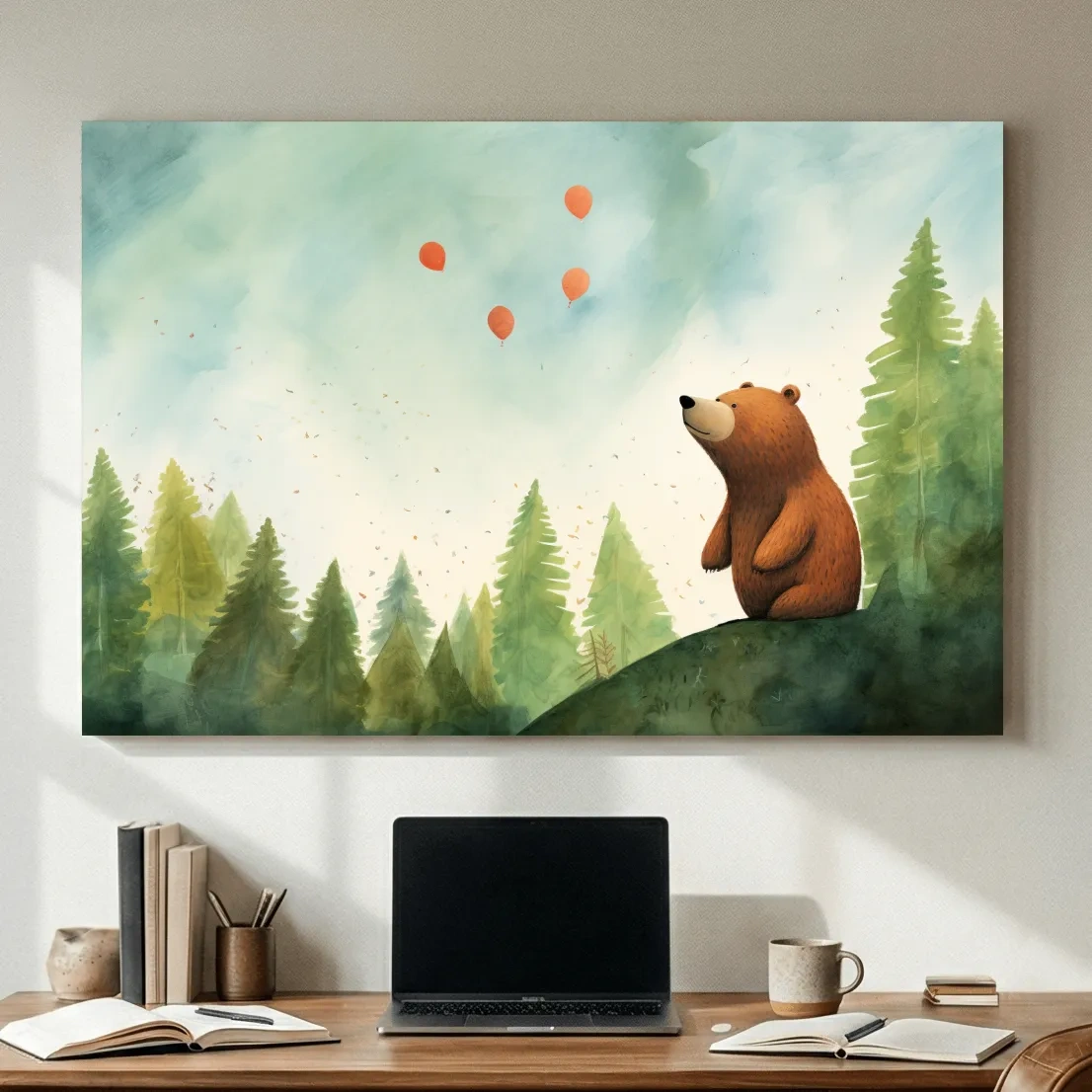 Whimsical Watercolor Bear Watching Balloons - Cute Nursery Forest Wall Art