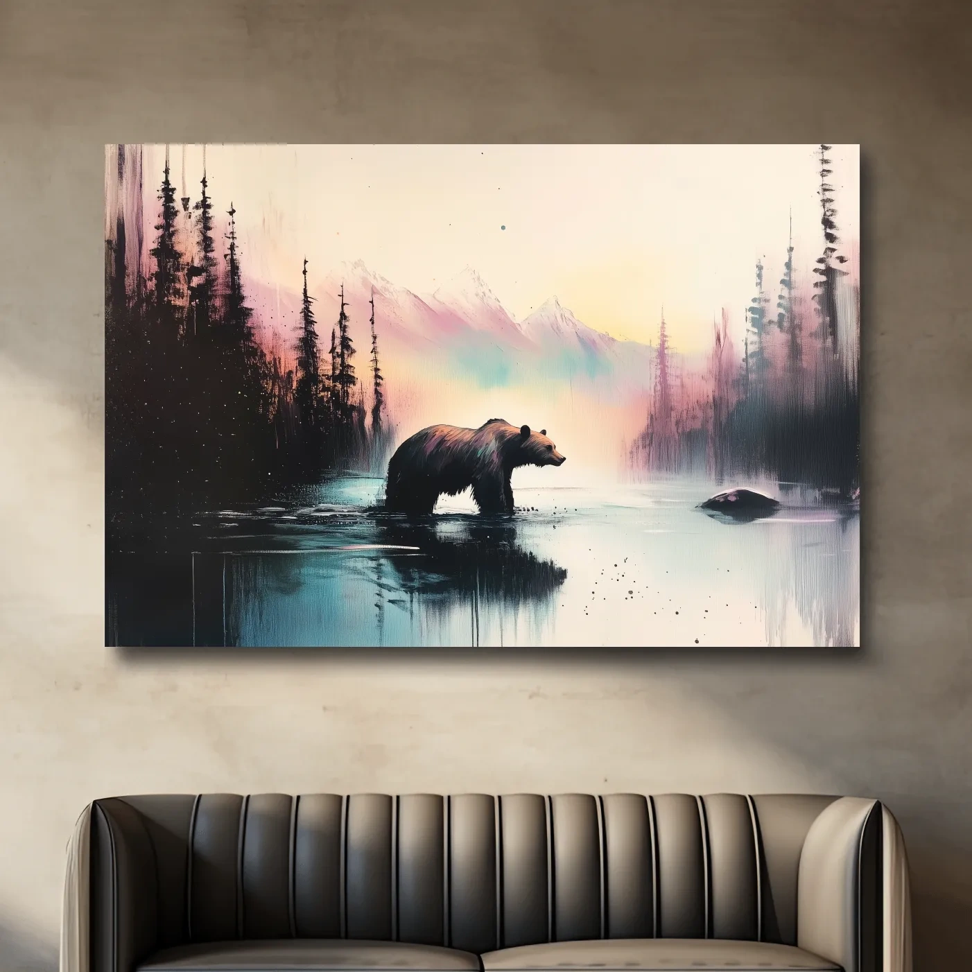 Vibrant textured wallart painting, a grizzly bear in a river