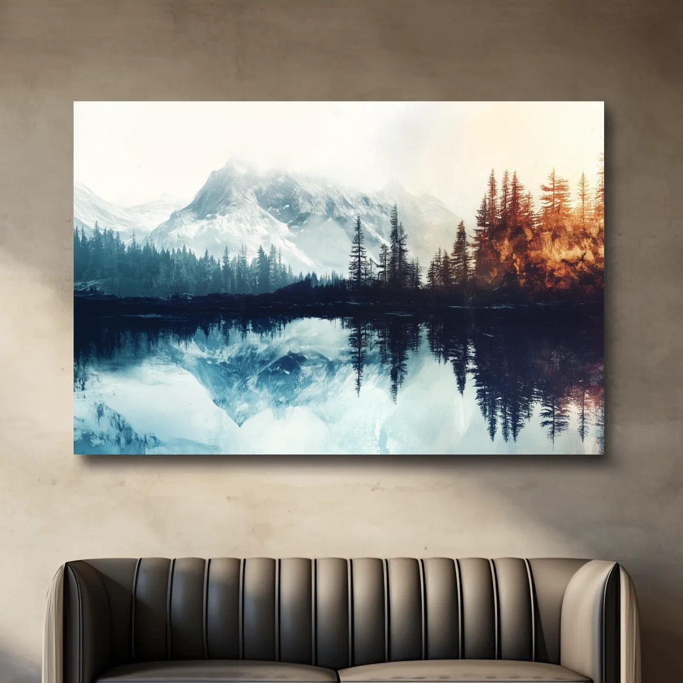 Mountain wall art, foggy glacial lake and forest in fall, textured painting effect