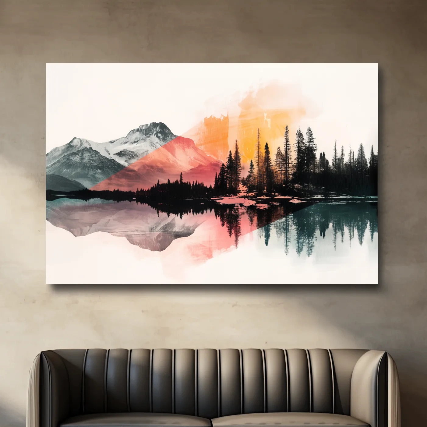 Modern abstract mountain wall artwork painting, glacial lake and forest, vibrant textured style