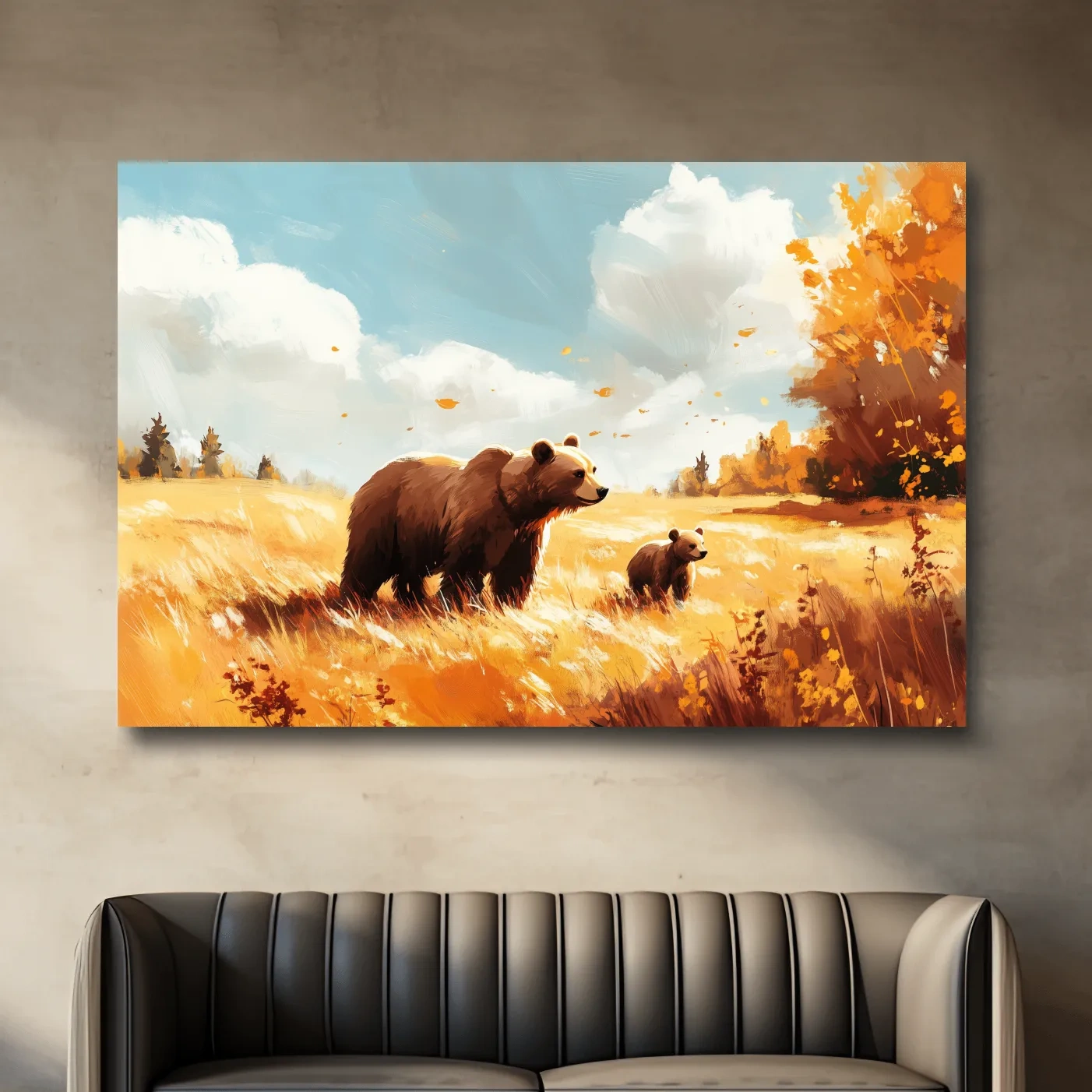 Autumn wildlife wall art, mother bear and cub in a golden meadow, painterly and impressionism style