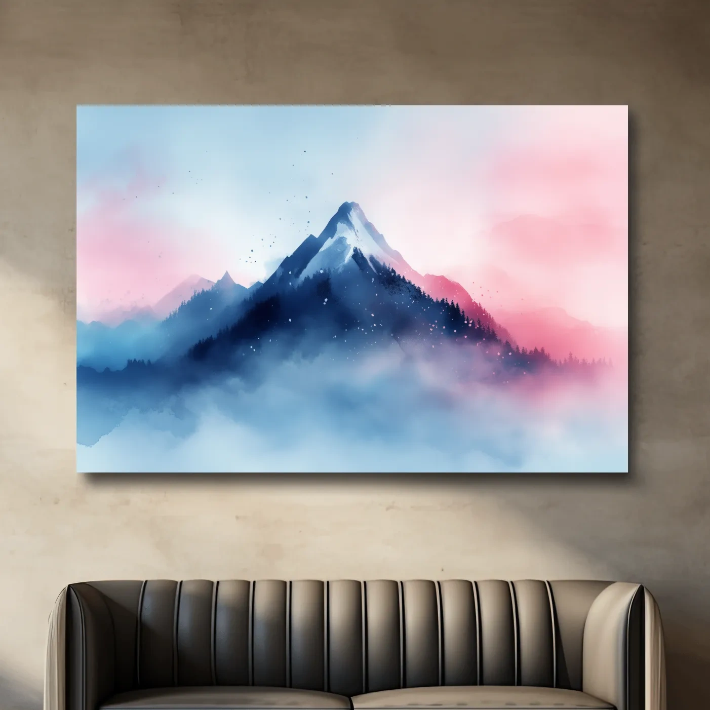 Dreamy mountain painting artwork, glacial peaks above the clouds in pastel hues