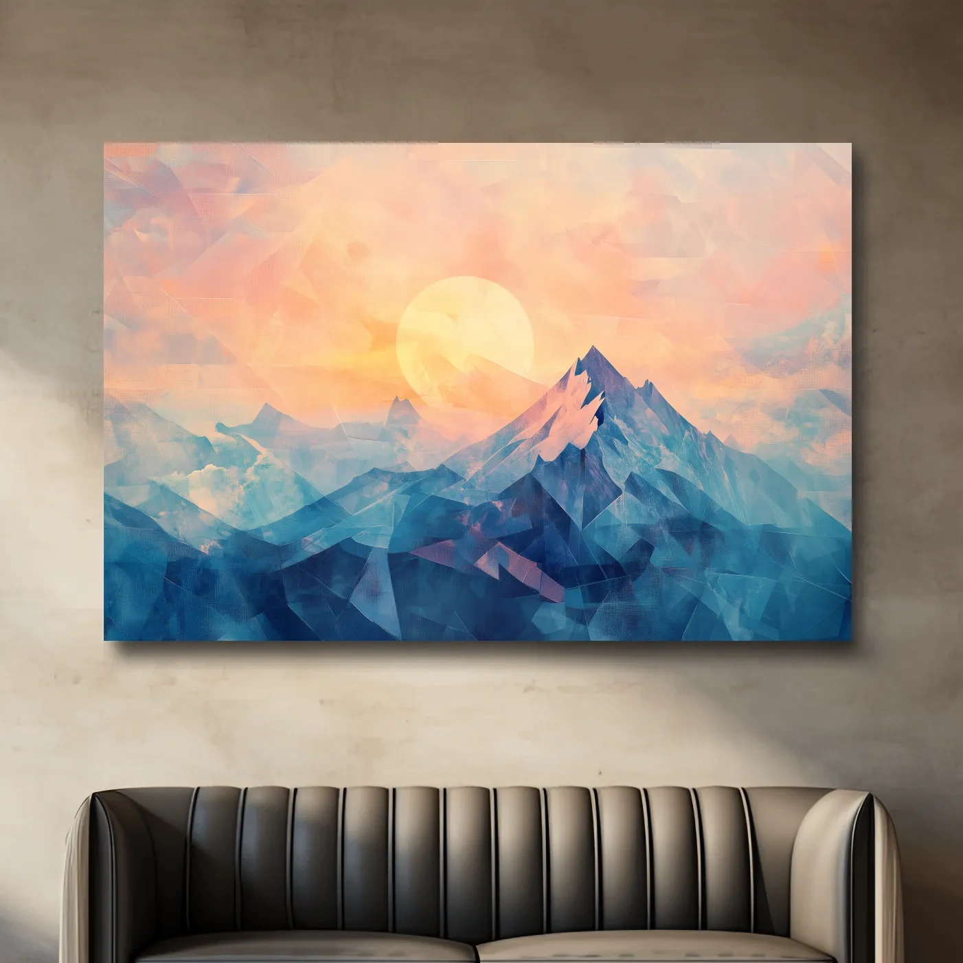 Sunset mountain wall art, geometric fragmented mosaic effect, textured art finish