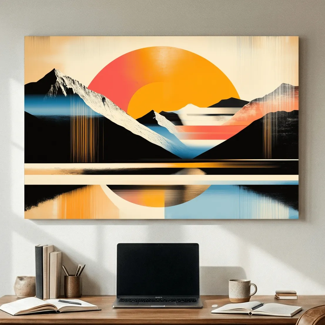 Retro Abstract Alpine Lake Sunset Artwork - Geometric Landscape Wall Art
