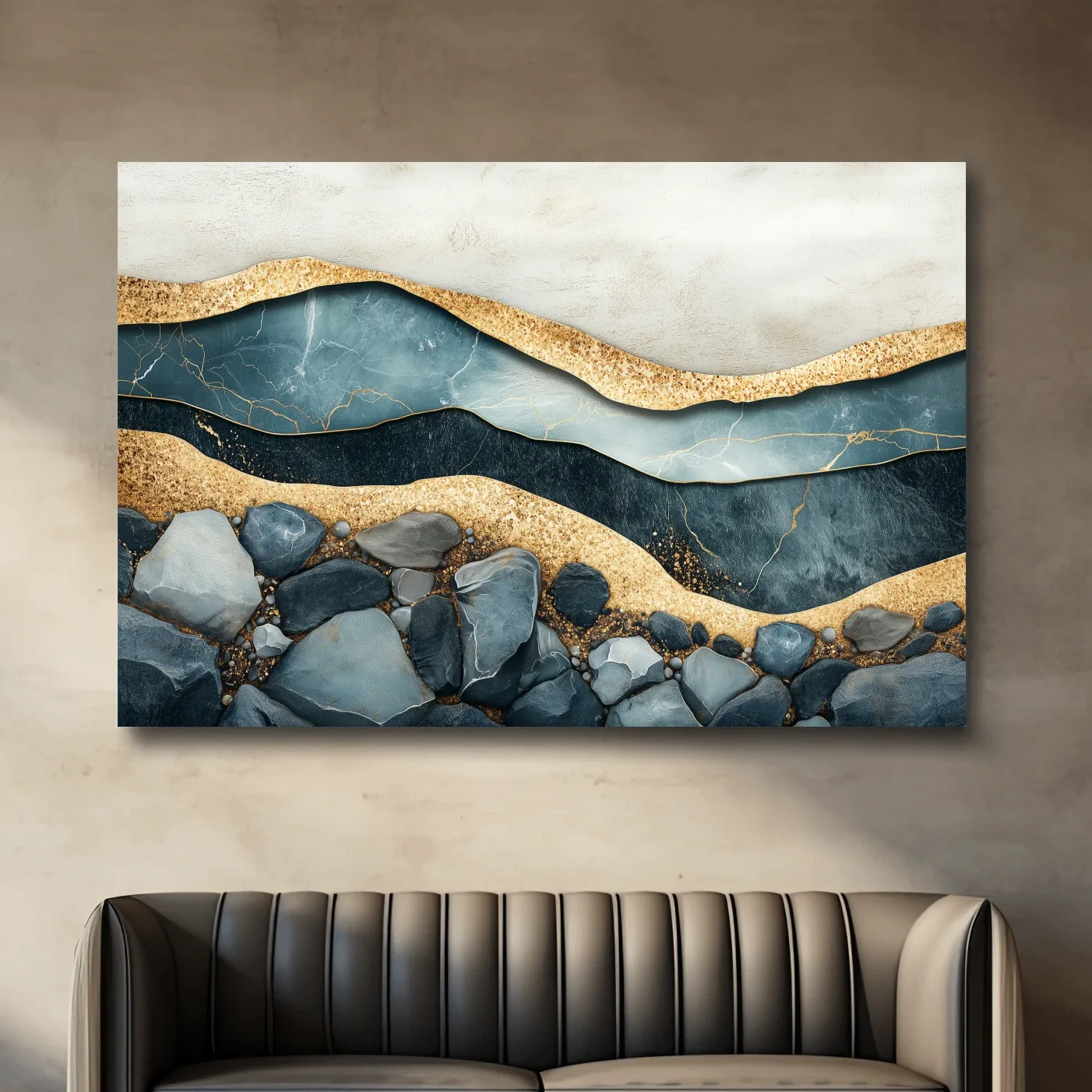 Elegant riverbed sand and rock artwork, modern textured wall art with natural sediment layers