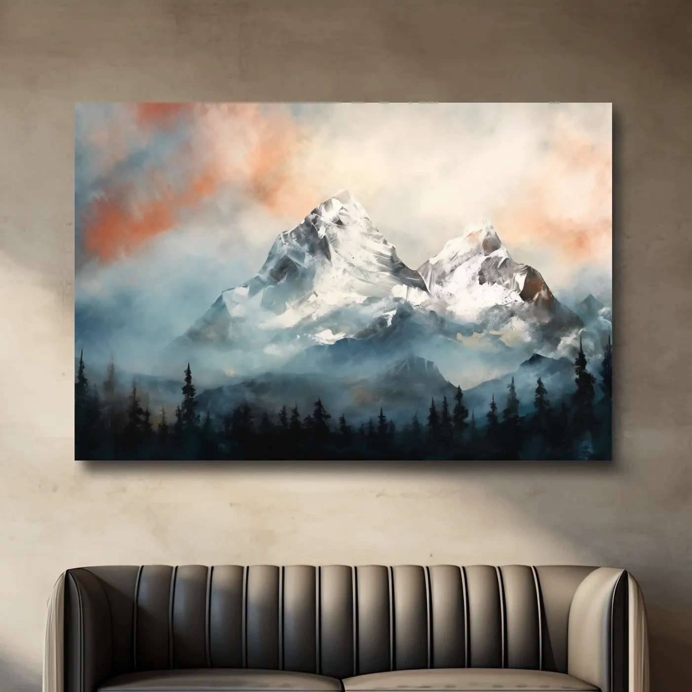 Impressionist mountain painting, sunset glacier in the mist