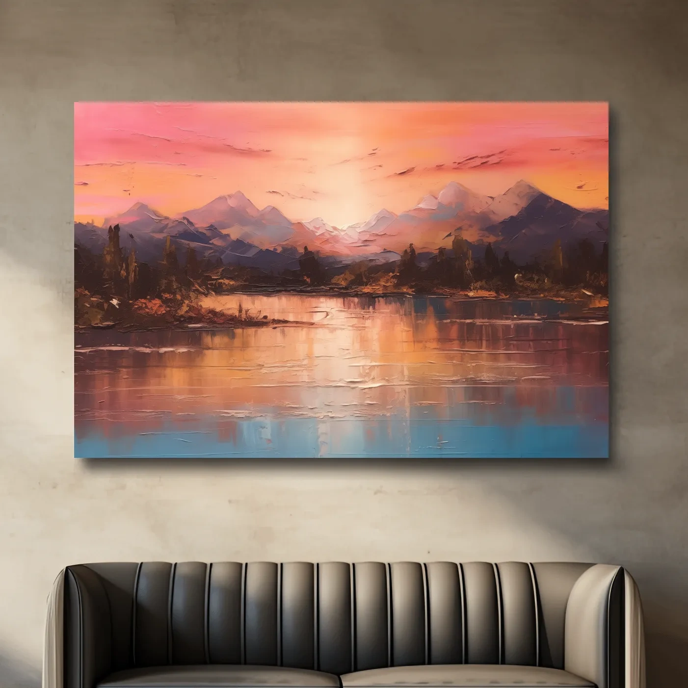 Sunset mountain lakeside painting, textured effect oil painting wall art print