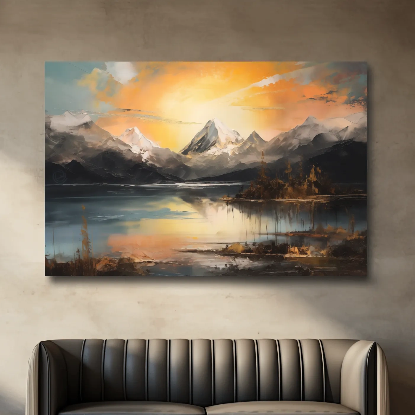 Alpine mountain sunrise over a tranquil lake, dramatic oil painting wall art