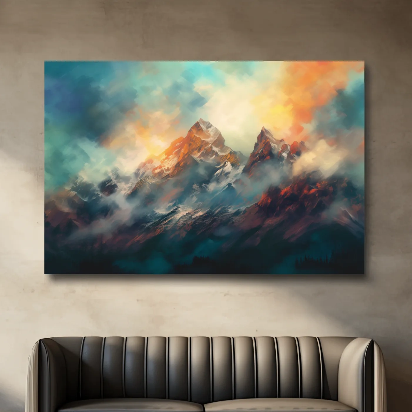 Colorful mountain sunrise artwork, peaks in the mist