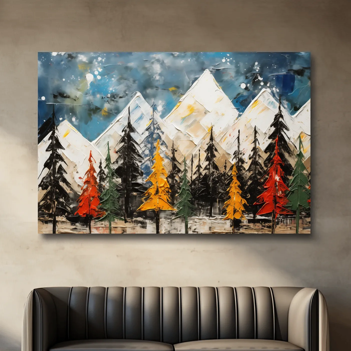 Thick abstract oil painting print, treeline by the mountains