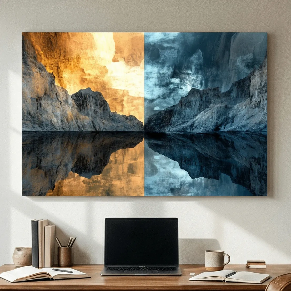 Split Tone Mountain Lake Reflection - Fiery Sunset Cool Twilight