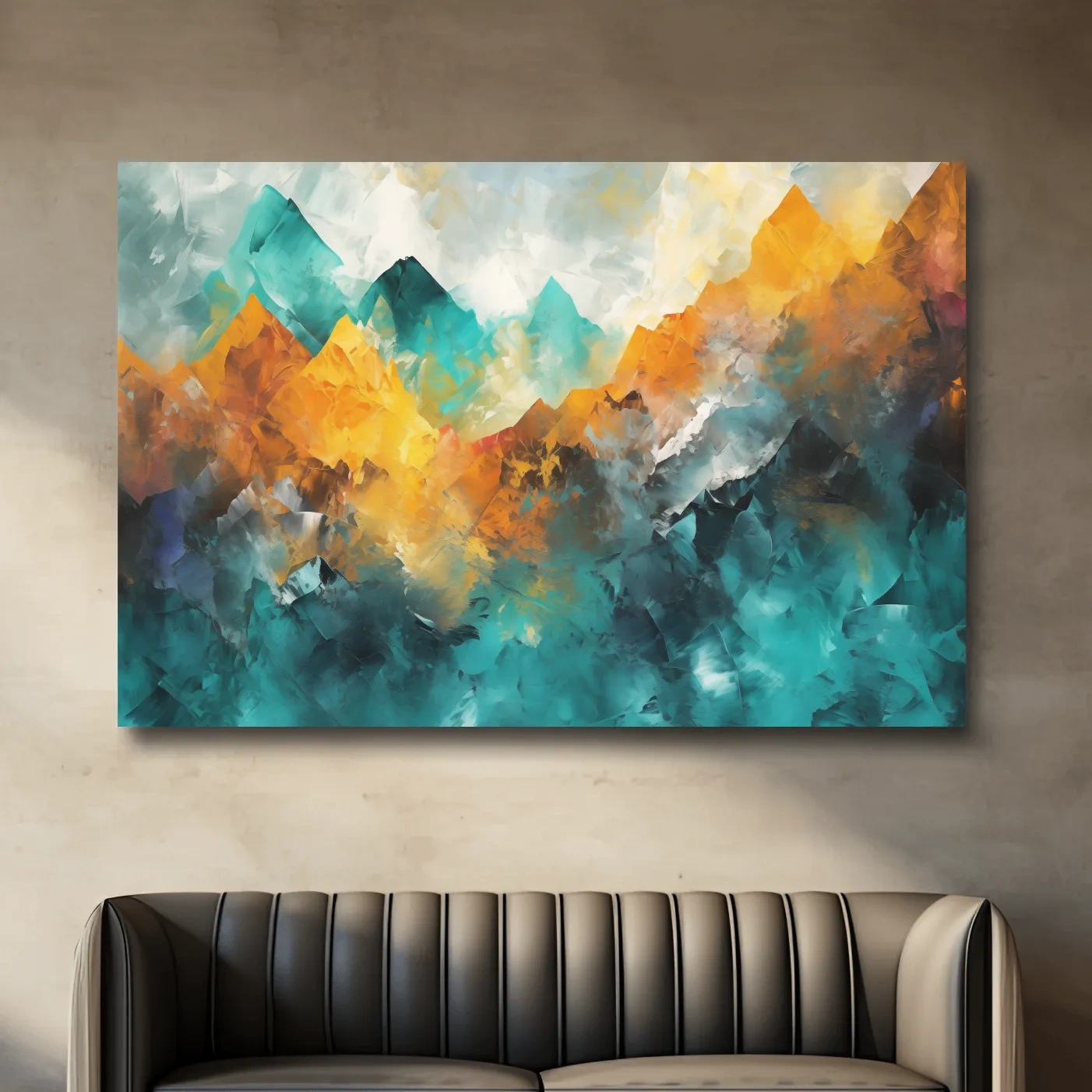 Abstract mountain painting, vibrant colorful wall art