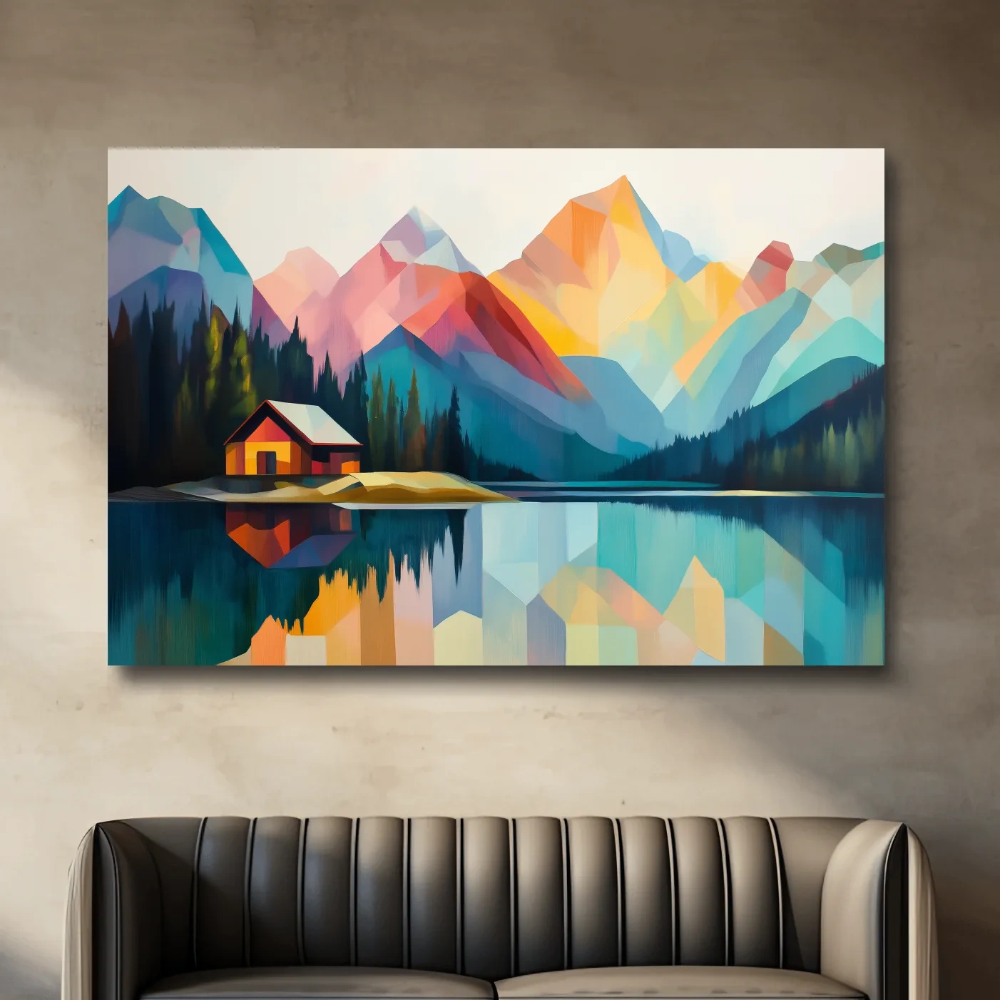 Colorful mountain cabin artwork, geometric landscape wall art