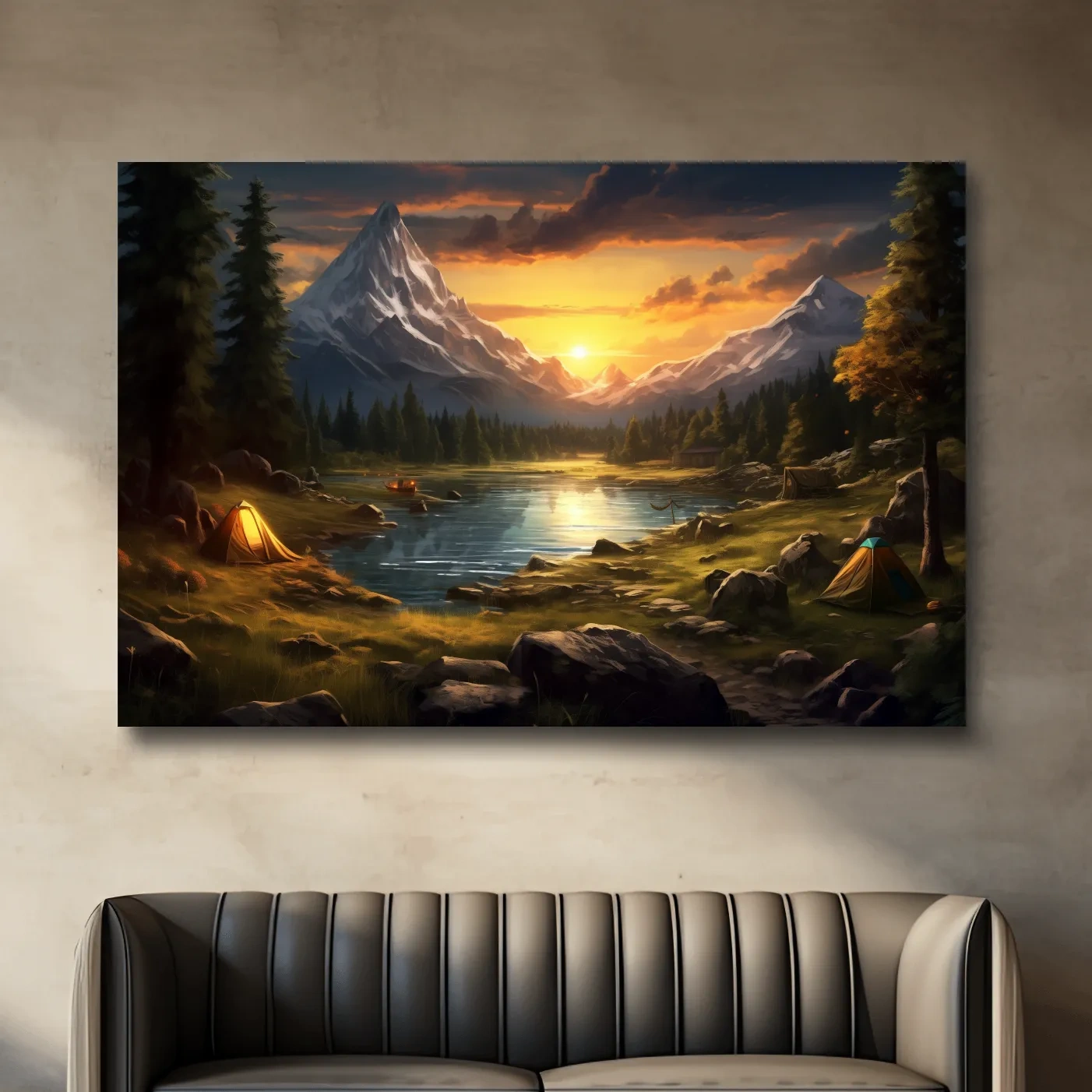 Painting of an alpine campsite by a lake at sunset, serene wall artwork