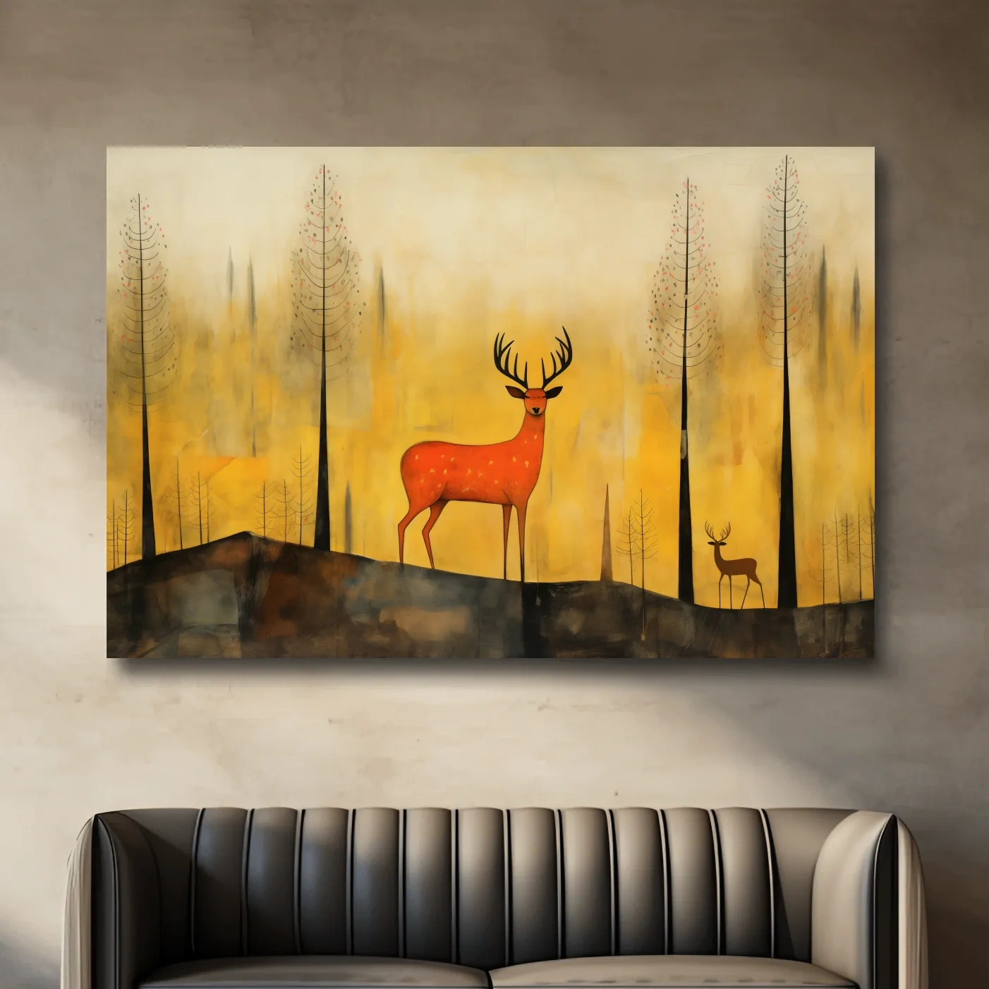 Quirky illustration art of a deer in the forest, whimsical animal artwork