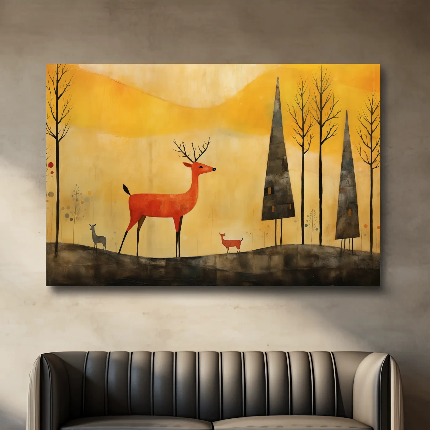 Red deer in an autumn forest landscape, quirky painting artwork