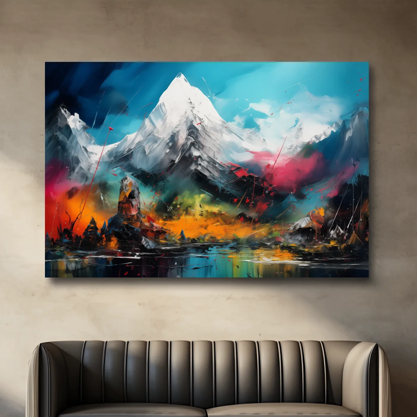 Abstract vibrant mountain wall art, impasto painting effect