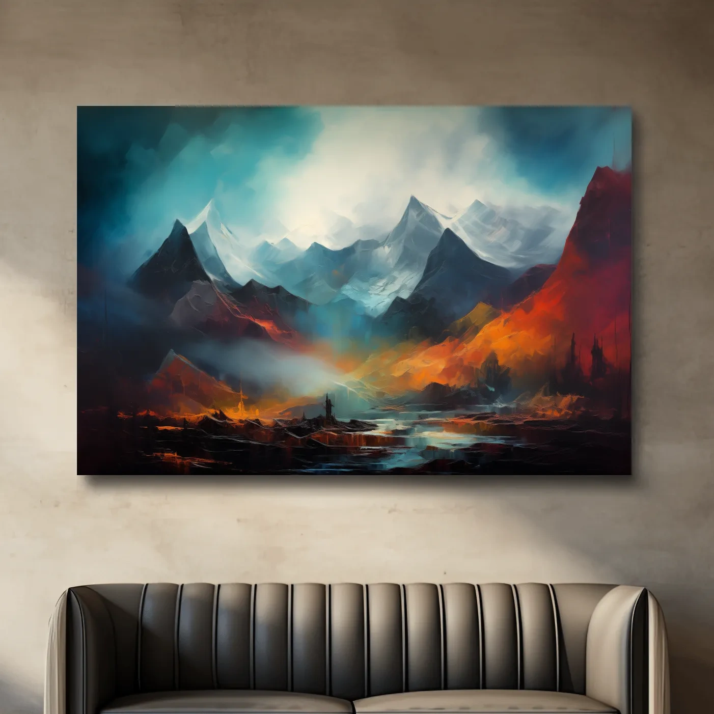 Colorful impressionist painting, abstract mountain landscape artwork