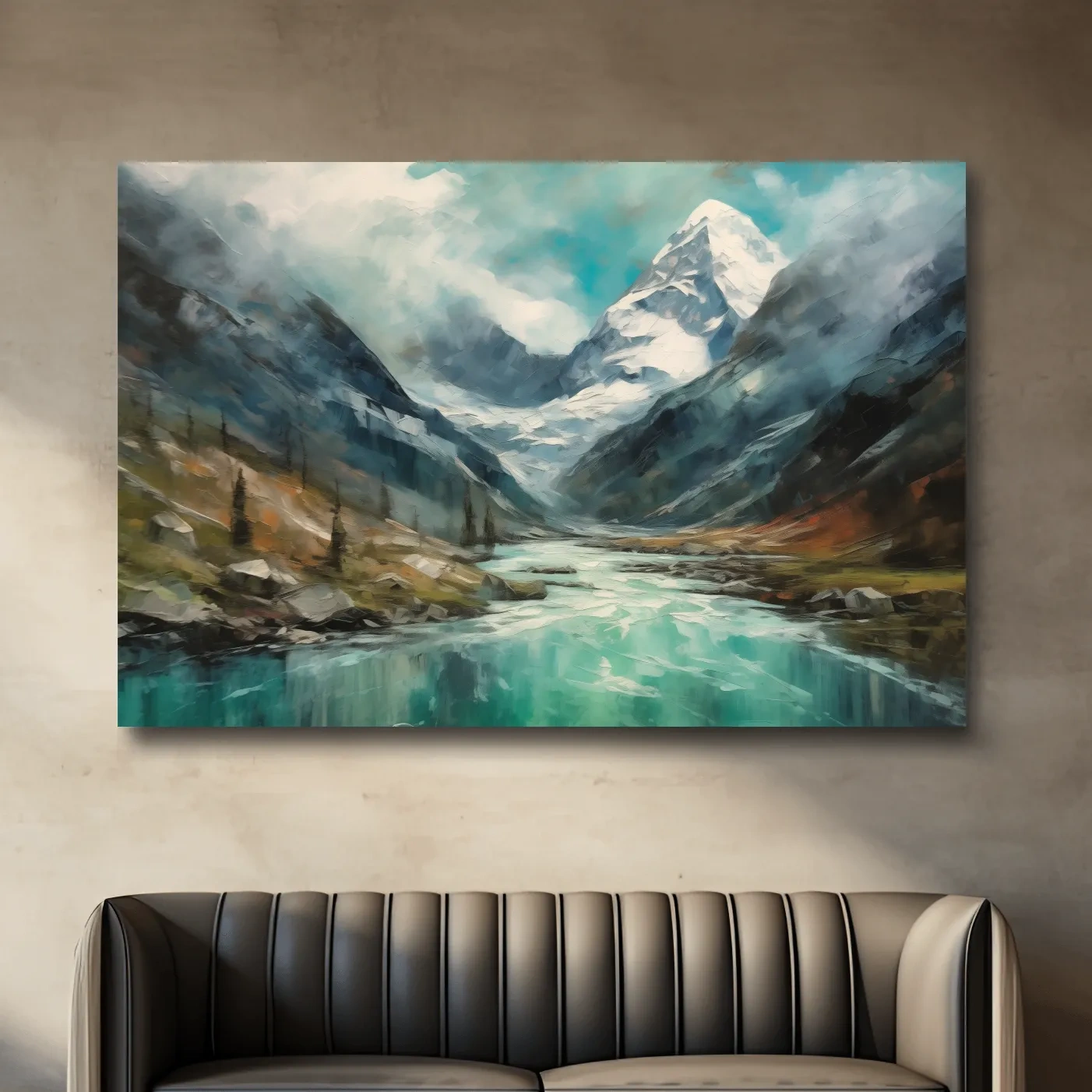 Impressionist style painting of alpine meadows, glacier and lake