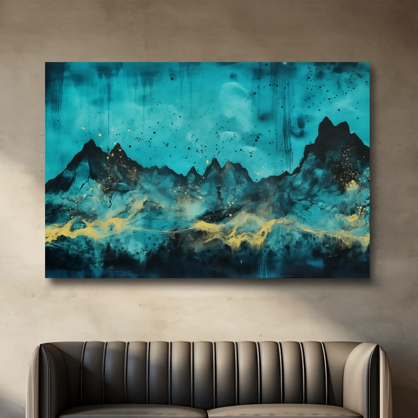 Mystical turquoise mountain wall art, abstract night sky with gold accents