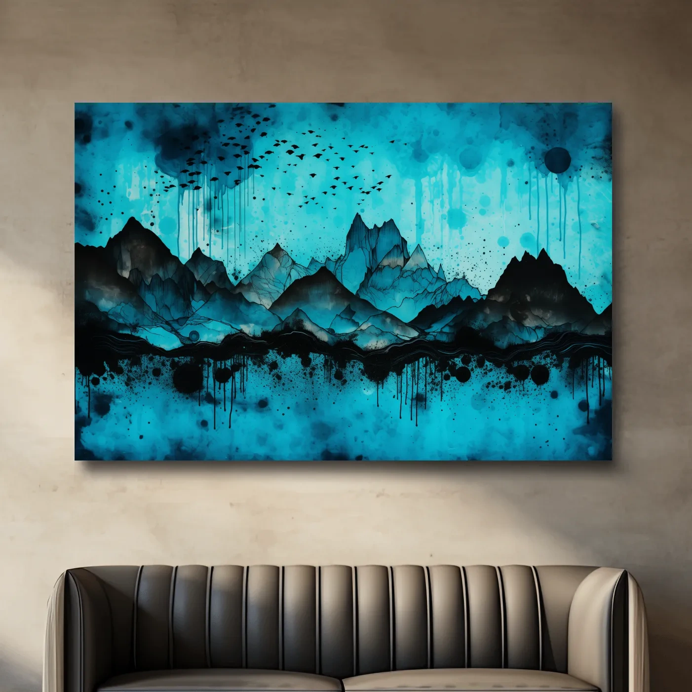 Abstract mountain landscape artwork, watercolor ink splatter design