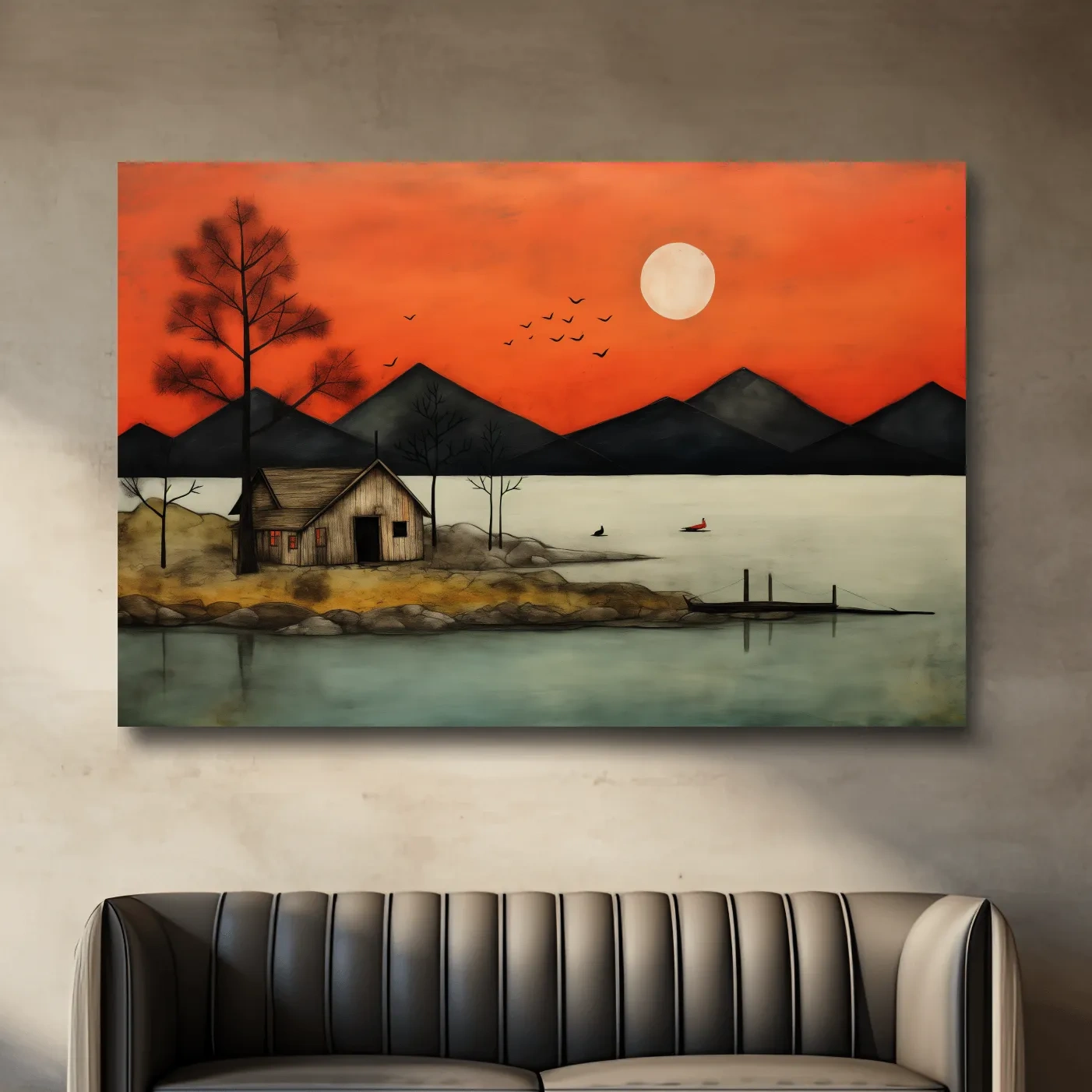 Rustic Lakeside Cabin Sunset Painting - Mountain Wall Art