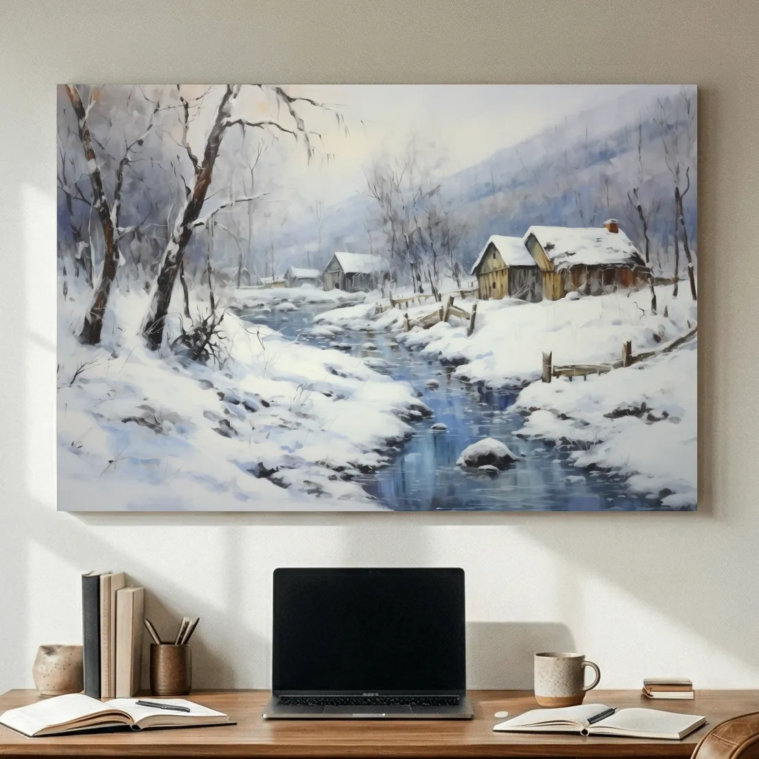Snowy Winter Cabin Stream Landscape - Serene Rustic Wall Art