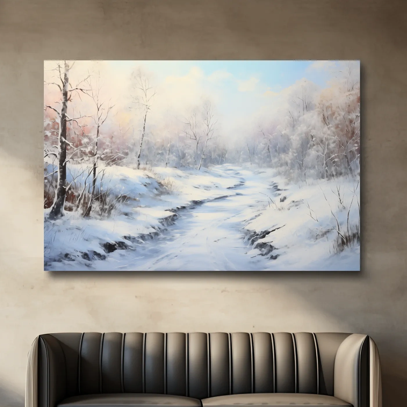 Winter landscape artwork, serene snowy forest path with soft pastel sky