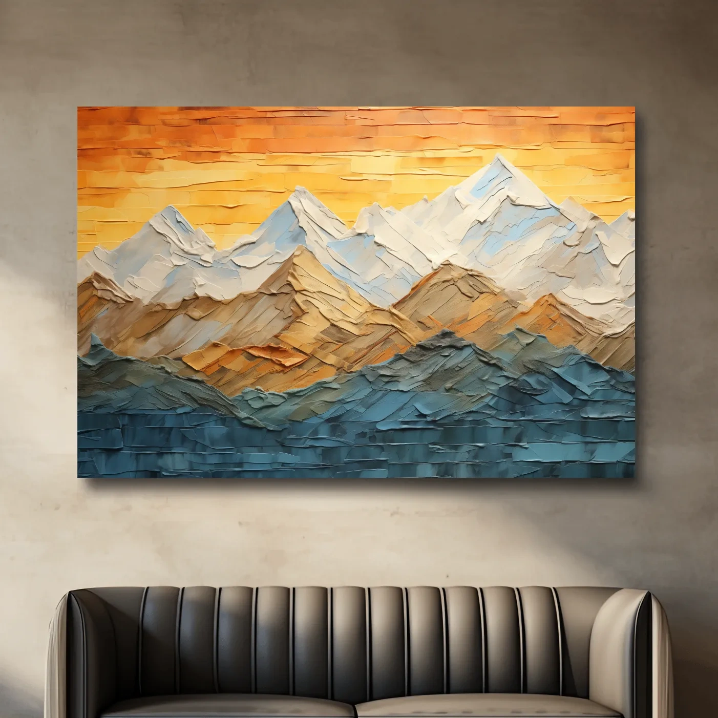 Glacier sunset mountain art, textured pallet knife painting effect