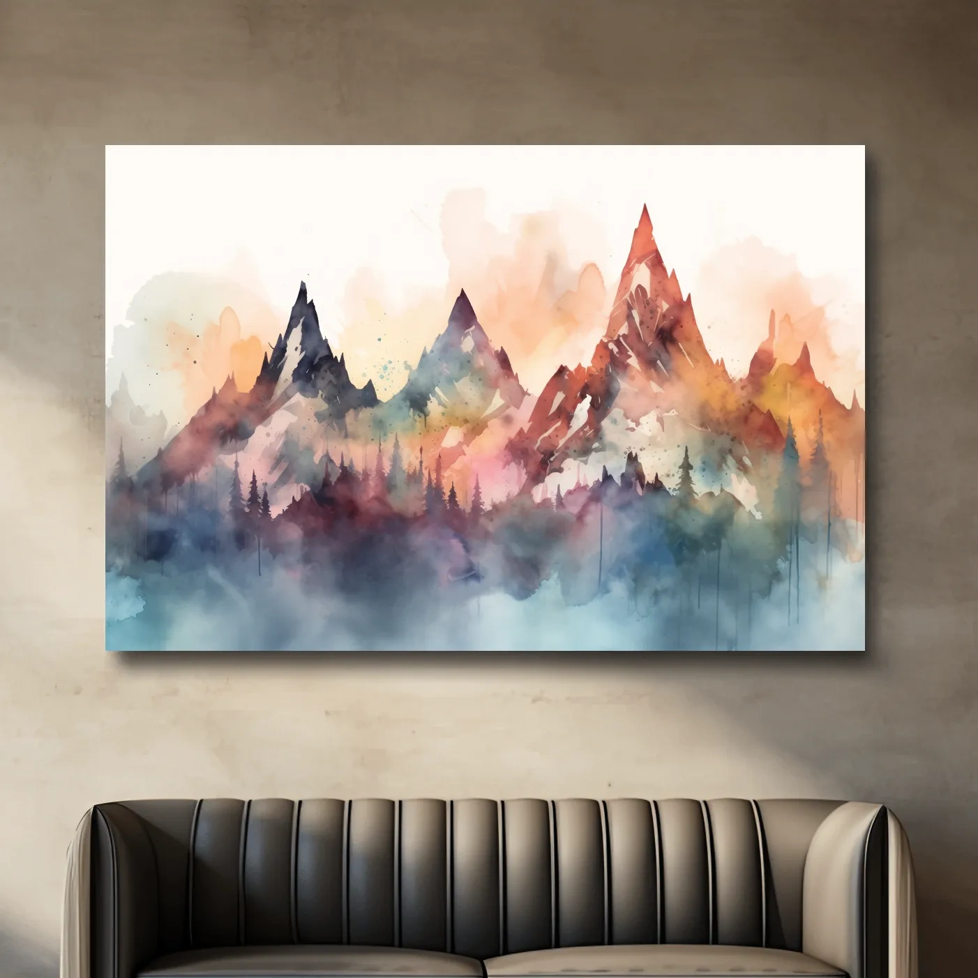 Colorful watercolor mountain wall art, serene misty landscape painting