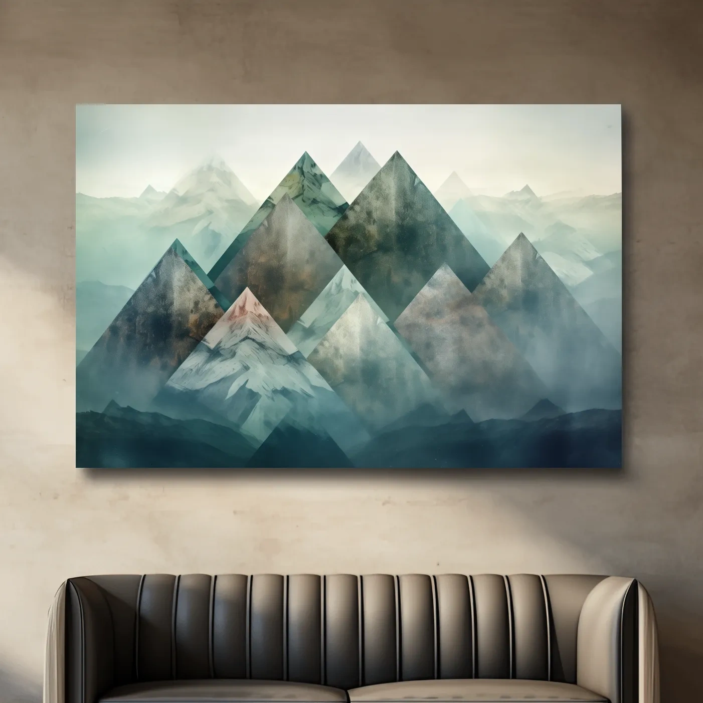 Mystical mountain landscape artwork, layered geometric peaks in misty hues