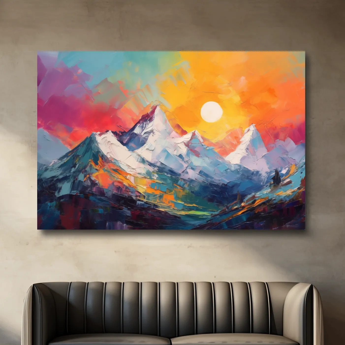 Vibrant Impasto Mountain Sunset Painting - Colorful Abstract Alpine Wall Art
