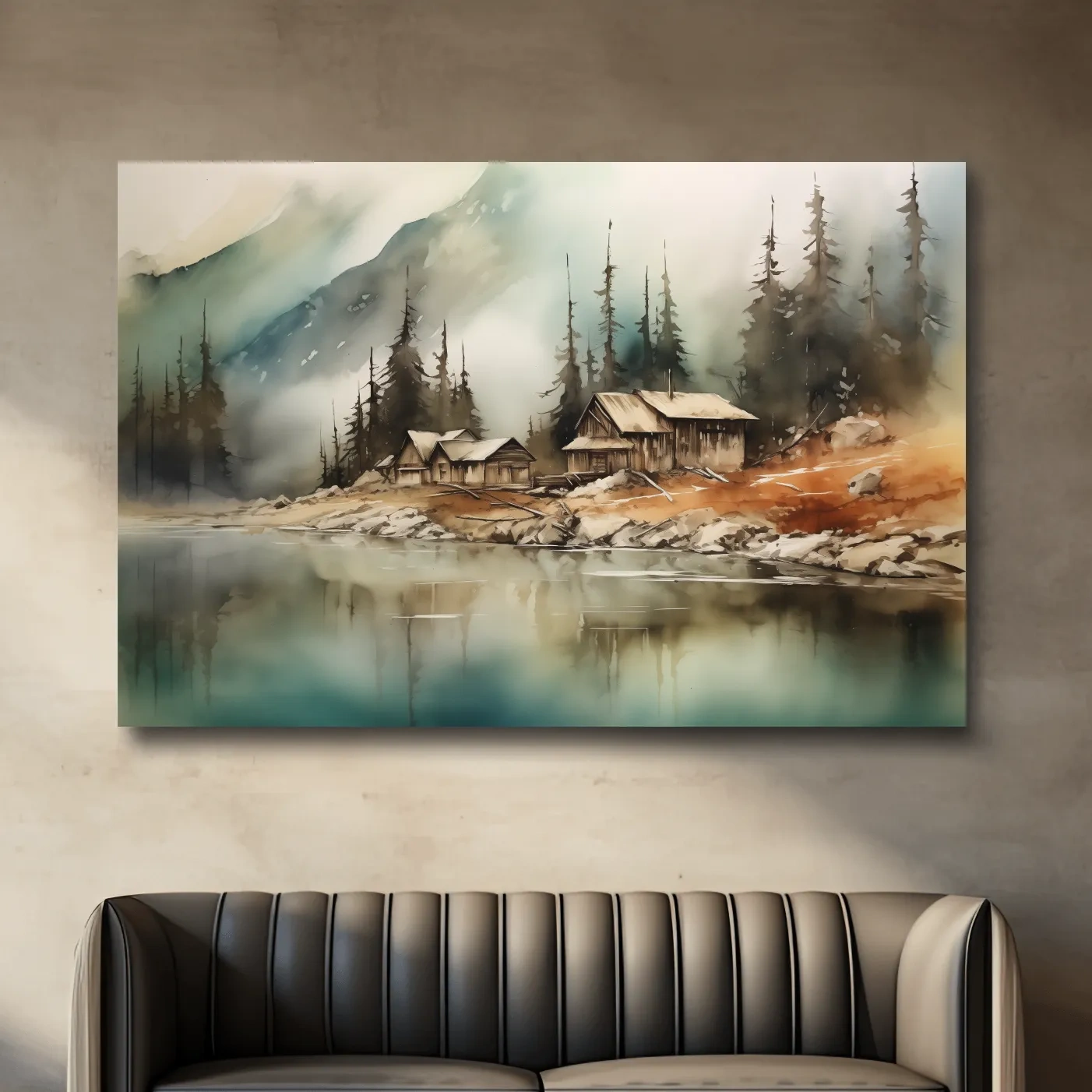 Rustic Lakeside Cabin Watercolor Landscape - Serene Alpine Mountain Wall Art