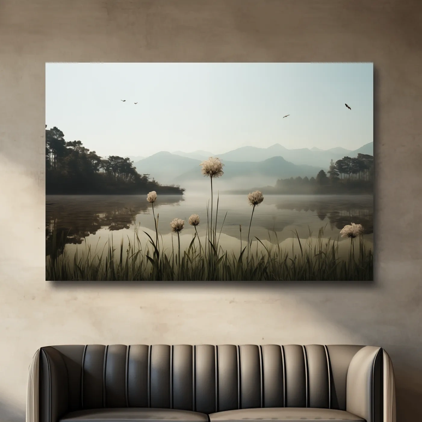 Photographic art painting of dandelions on the lake