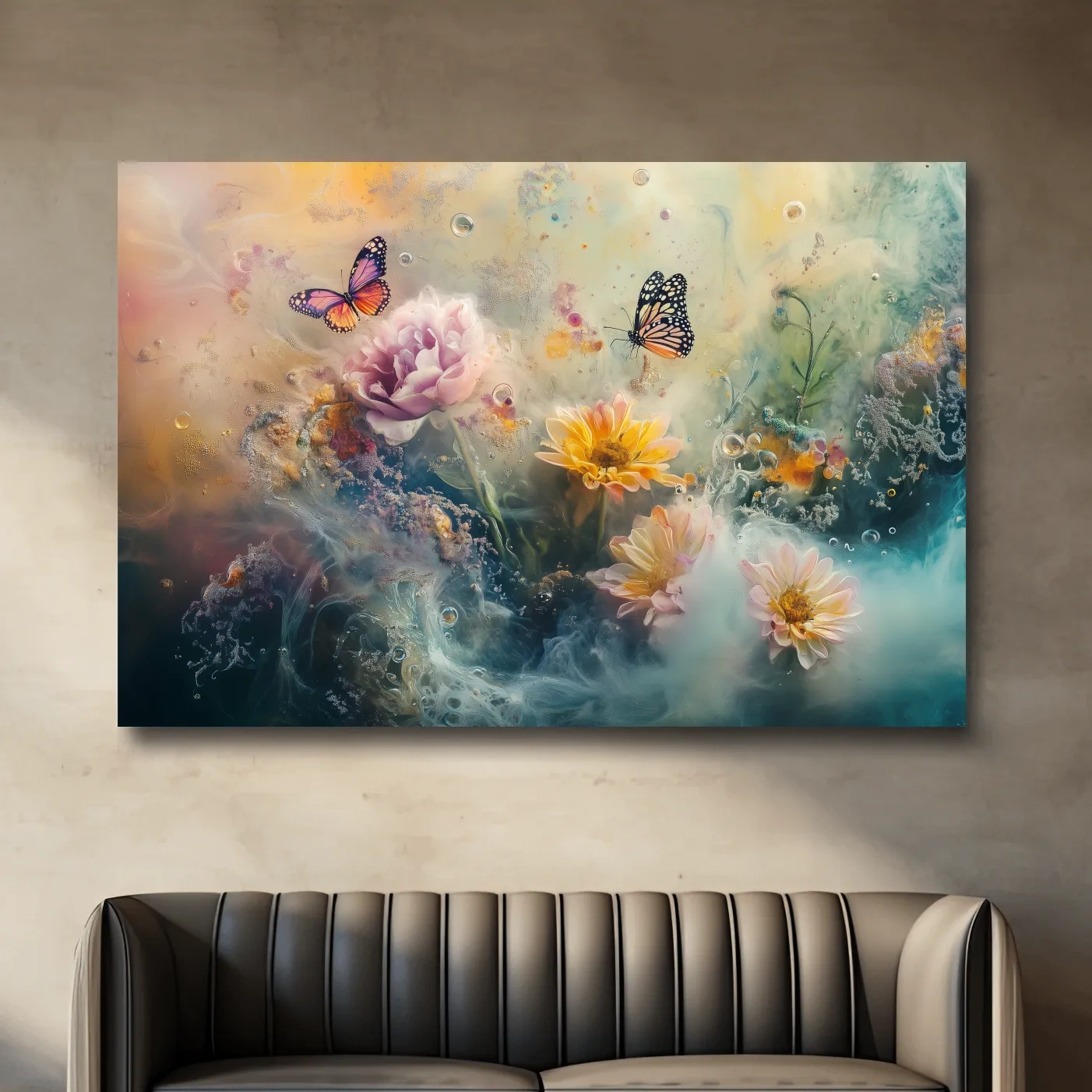 Abstract butterfly and flower wall art painting, dreamy pastel artwork
