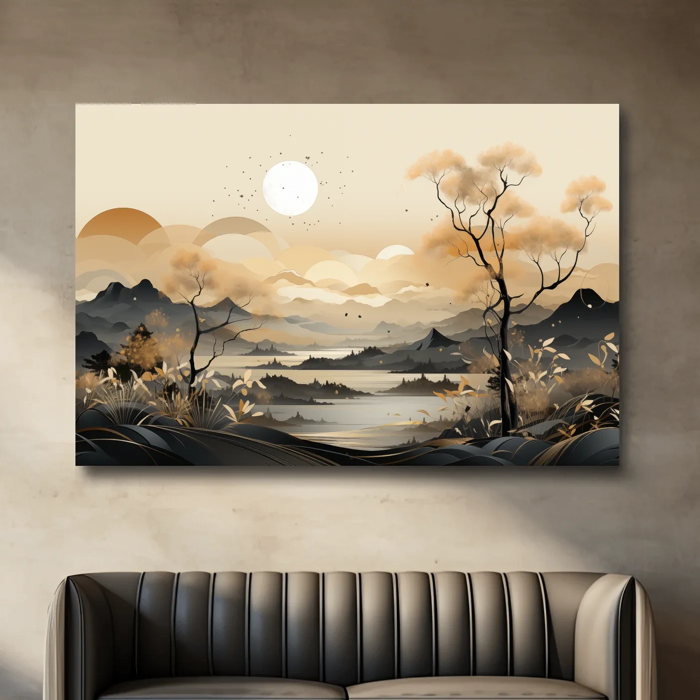 Japandi Misty Mountain Lake Landscape - Boho Wall Artwork