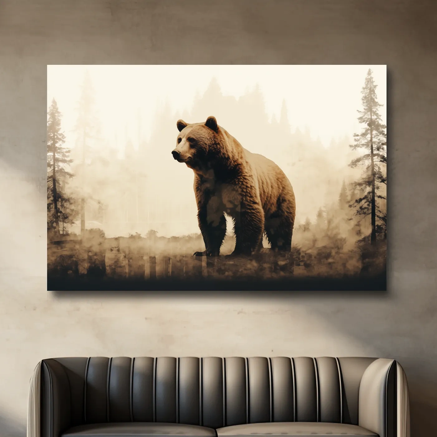 Grizzly bear in the forest, double exposure sepia photography artwork