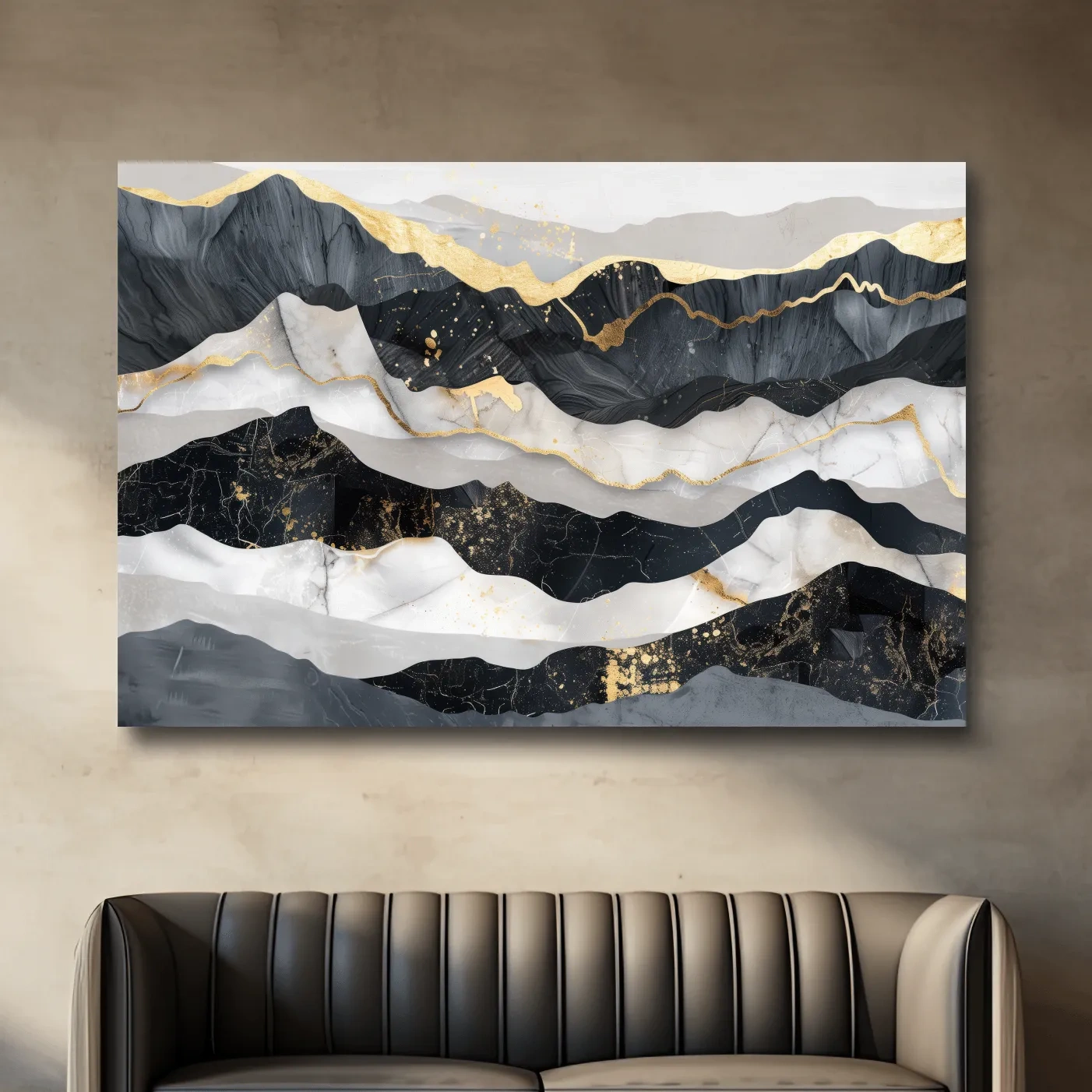 Abstract elegant artwork, layered mountain ridgelines, gold leaf style modern wall art