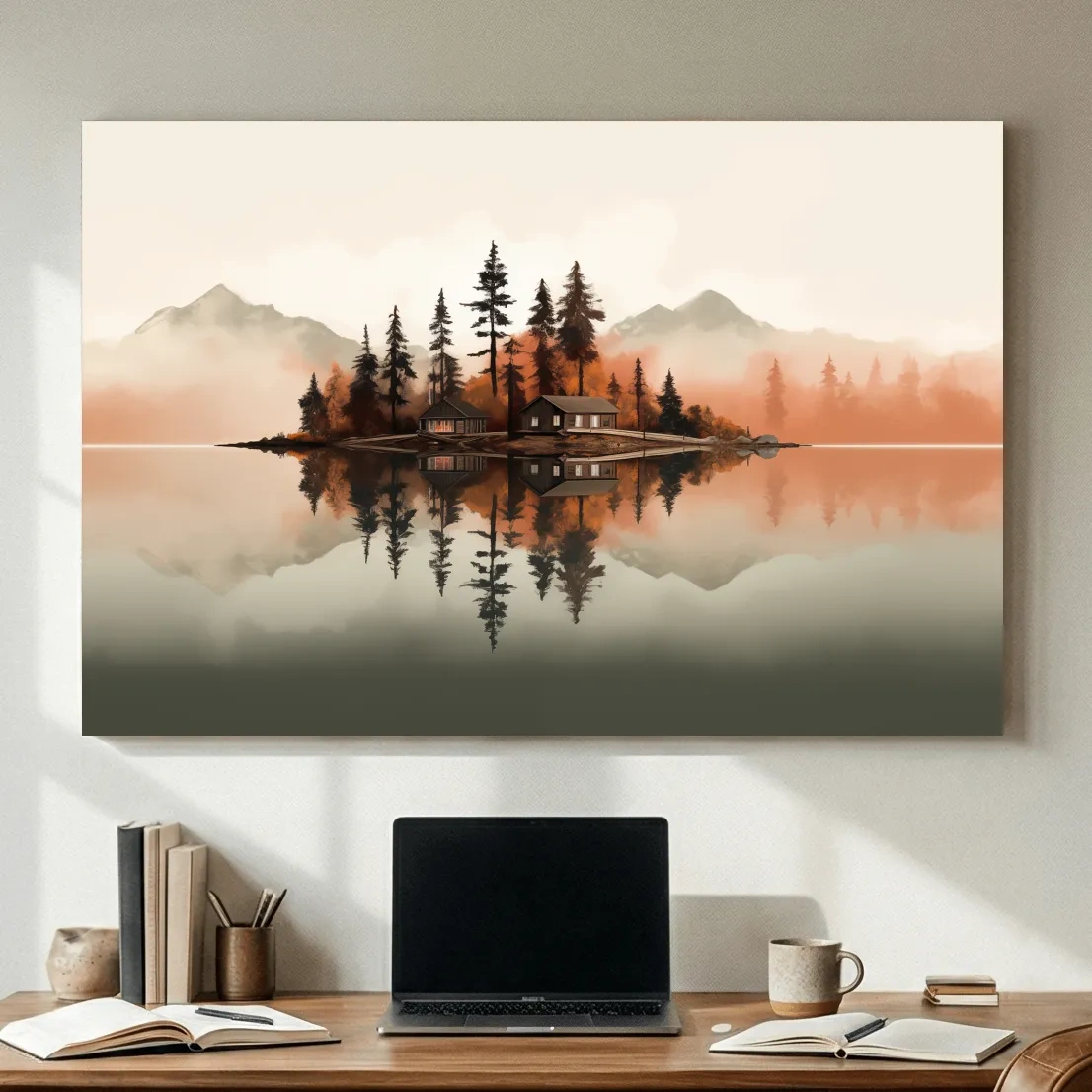 Minimalist Misty Lake Cabin Reflection - Autumn Mountain Landscape Wall Art