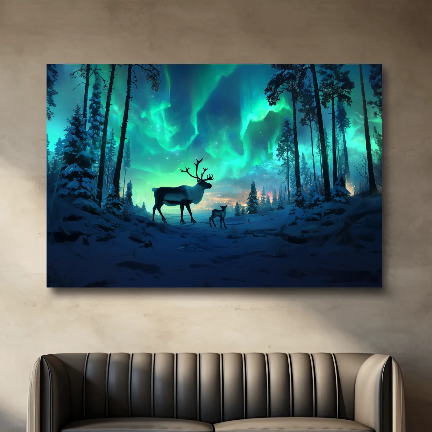 Caribou buck and fawn under vibrant northern lights in a snowy winter forest