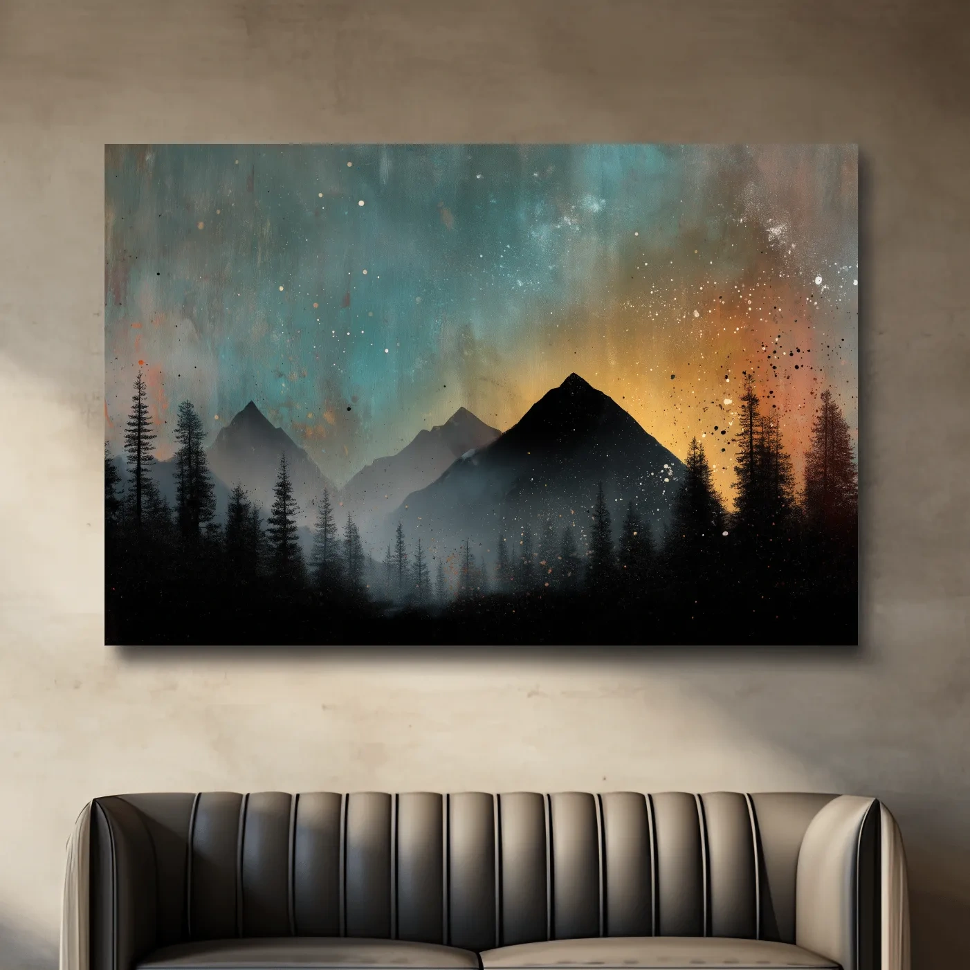 Colorful mountain sunrise artwork, misty forest and starry sky painting